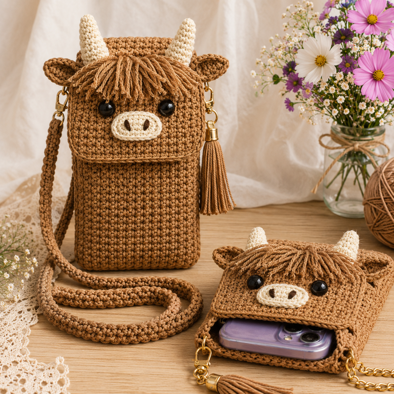 Highland Cow Phone Case Bag Crochet Pattern